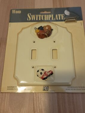 Vintage Figi Handpainted Wood Double Switchplate - Cream with Sports Accents